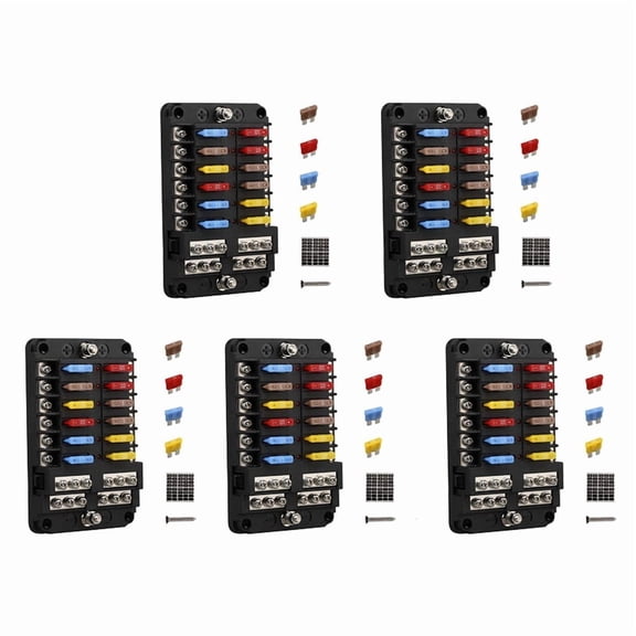 5X 12V 12 Way Marine Fuse Block Fuse Panel with Ground & 12 Volt Fuse Box for Car Automotive Boat RV RZR