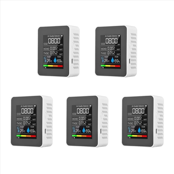 5X 5 in 1 Air Quality Monitor TVOC HCHO Temperature Humidity CO2 Meter, USB Rechargeable CO2 Detector White,5 * Air Quality Analyzer 5 * USB Cable 5 * English manual,White