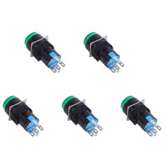 5X AC 250V 5A SPDT 1NO 1NC 5 Pins Latching Green Push Button Switch W 220V LED Lamp