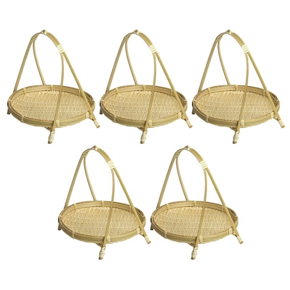 5X Bamboo Weaving Straw Baskets Tier Rack Wicker Fruit Food Storage Kitchen Decorate Round Plate Stand Single Layer