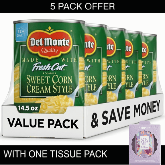 5X I Del Monte Golden Sweet Cream Corn, Canned Vegetables, 14.75 oz Can & Tissue Pack