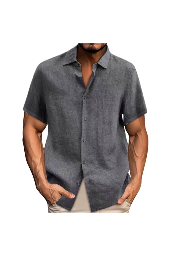 5X Mens Shirts Big & Tall S-5X Plus Size Cotton-Linen Short Sleeve T-Shirts Button-Down Collared Lightweight Solid Going-Out Tees Tops
