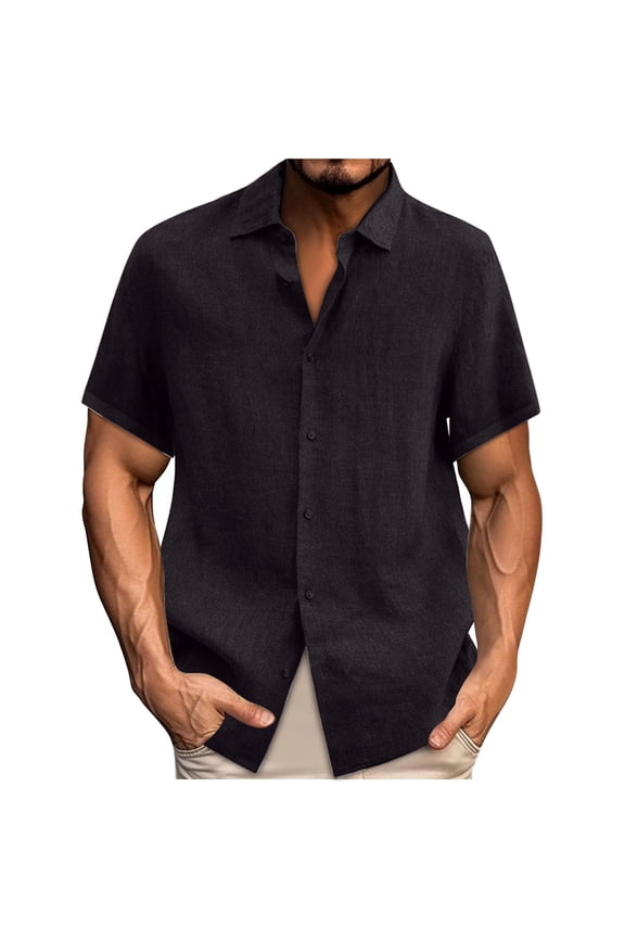 5X Mens Shirts Big & Tall S-5X Plus Size Cotton-Linen Short Sleeve T-Shirts Button-Down Collared Lightweight Solid Going-Out Tees Tops