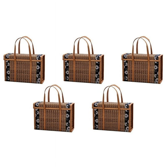 5X Picnic Woven Basket Wicker Storage Bag Handle Folded Fruit Shopping Food Handle Rattan Grass Foldable Bamboo Basket