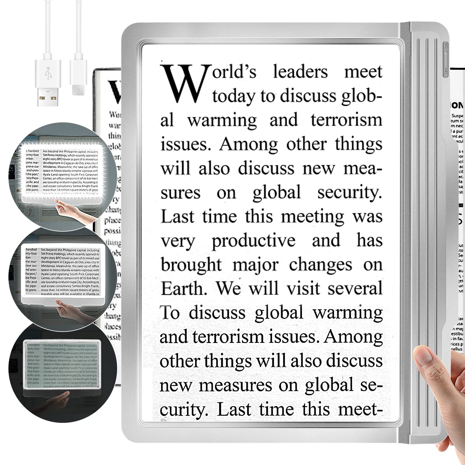 5X Rechargeable Full Book Page Magnifier 6" x 9" Magnifying Glass for