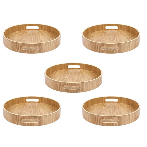 5X Round Serving Bamboo Wooden Tray for Dinner Trays Tea Bar Breakfast Food Container Handle Storage Tray 2,5 x Tea Tray,Wood Color