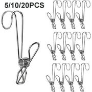 5X Stainless Steel Clothespins with Hooks, Metal Spring Clips with Hooks, Universal Hanging Clips for Offices, Kitchens and Bathrooms