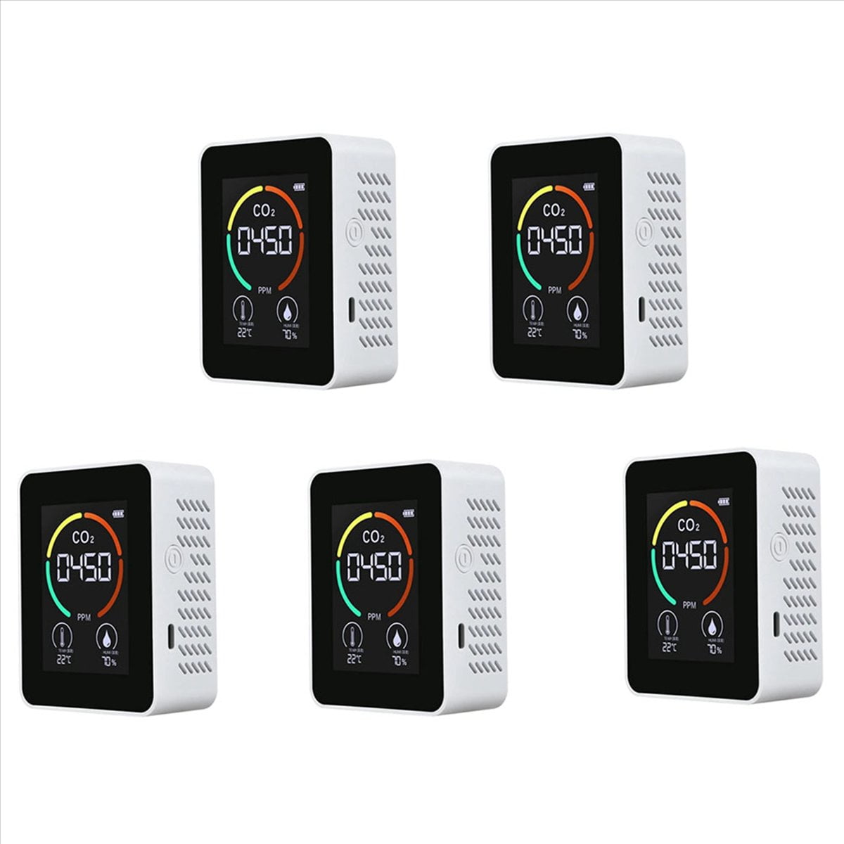 5X Temperature & Humidity Meter, Air Quality Monitor, CO2 Detector, Digital Air Pollution Carbon Dioxide Detector,5 x Air Quality Analyzer 5 x USB Cable 5 x User Manual,White