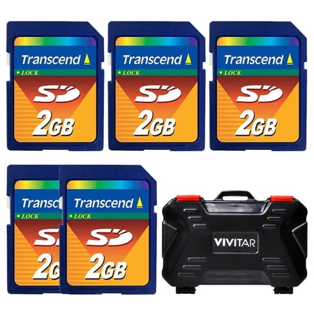 5X Transcend 2GB SD Secure Digital Memory Card + Vivitar Memory Card Hardcase (24 Card Slots) – Deluxe Bundle