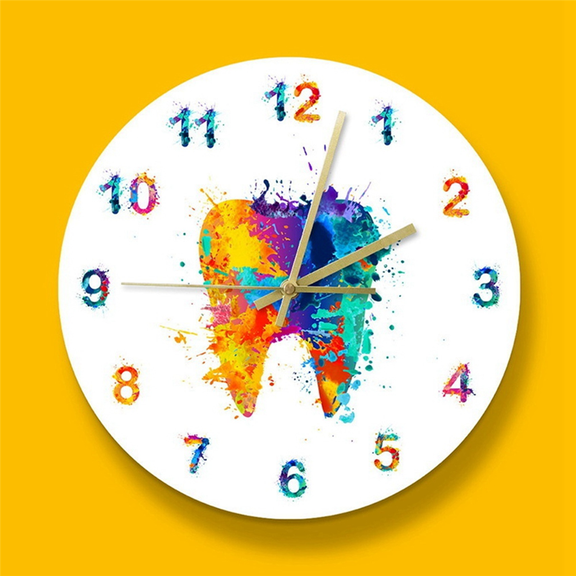 5X Watercolour Tooth Painting Print Wall Clock Dental Clinic Wall Art Non Ticking Wall Watch Orthodontist Dentist
