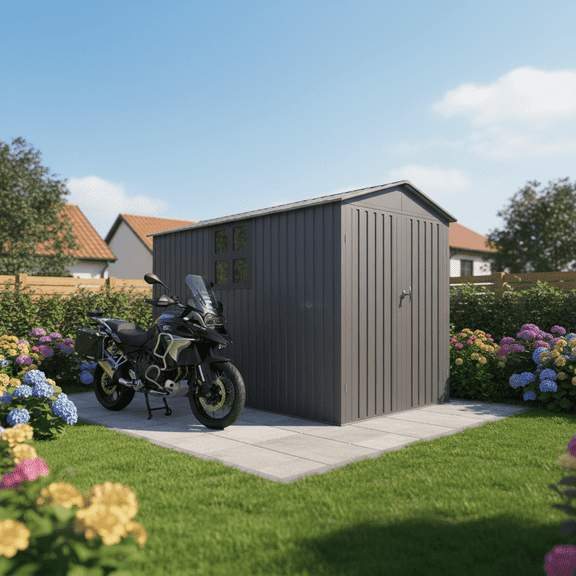 5X10 FT Motorcycle Storage Sheds, Metal Shelter & Garage with Windows and Lockable Door Handle, Heavy Duty Vehicle Shed for All Weather, Track System Included, Anthracite