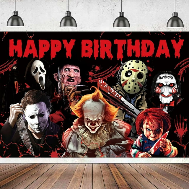 5X3.3FT Horror Birthday Decorations Backdrop, Horror Movie Happy Birthday Halloween Banner, Classic Horror Movie Birthday Party Decorations, Horror Birthday Banner for Adults Halloween Birthday Party