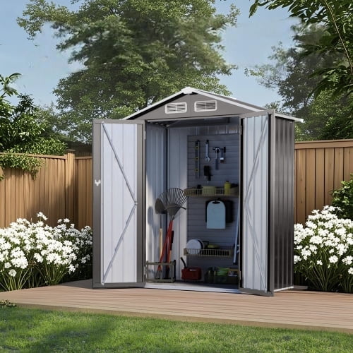 5X3 FT Metal Outdoor Storage Shed, Garden Tool Shed with Pitched Roof and Lockable Doors, Weatherproof Outdoor Shed for Backyard, Lawn, Garden