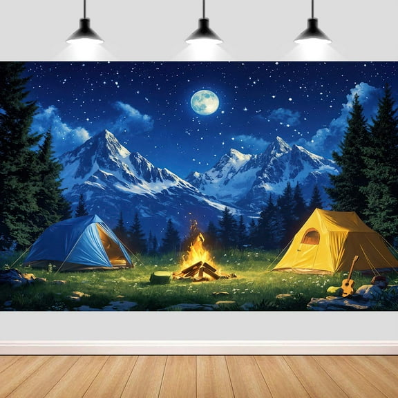 5X3FT Camping Photography Backdrop Nature Forest Scene Tent Mountain Campfire Photography Background Outdoor Kids Adventure Travel Trailers Baby Shower Camper Party Decoration Banner Photo Props