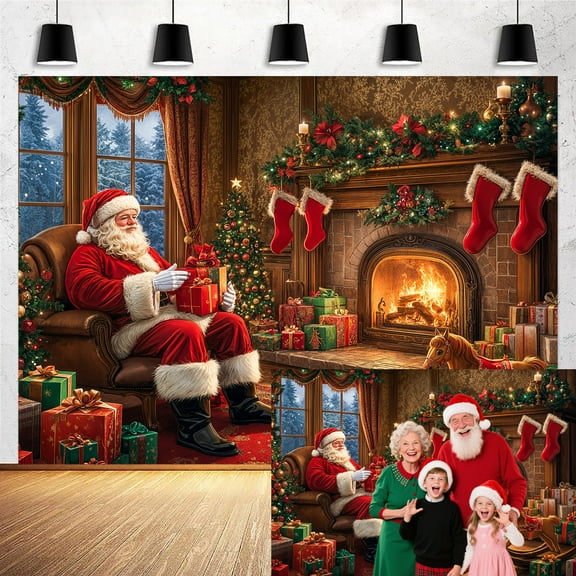 5X3FT Christmas Fireplace Photo Backdrop Vintage Winter Santa Claus Xmas Tree Photography Background New Year Holiday Christmas Family Party Decorations Banner Photo Booth Props