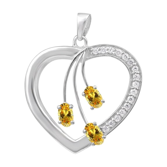 5X3MM Yellow CZ 925 Sterling Silver Three Stone Heart Mother's Day Gift Pendant
