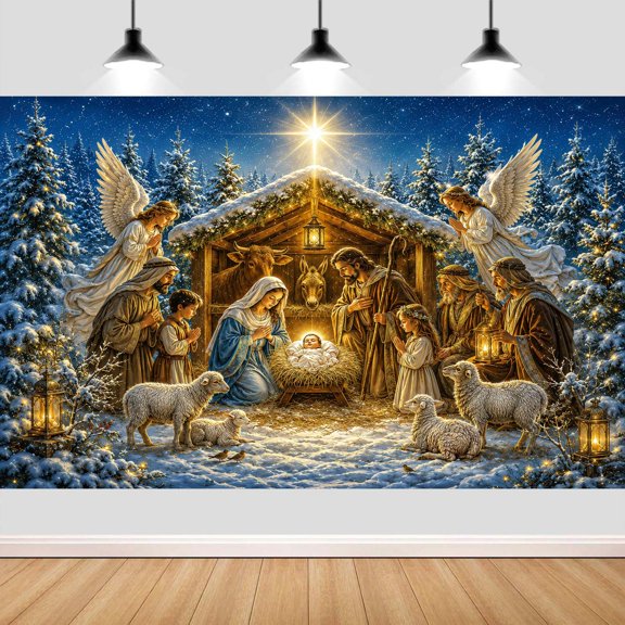 5X3ft Christmas Nativity Scene Backdrop Manger Jesus Photography Background Religious Christian Birth of Jesus Background Holy Nativity Scene with Angel Snowflake Church Party Photo Prop Decor Banner
