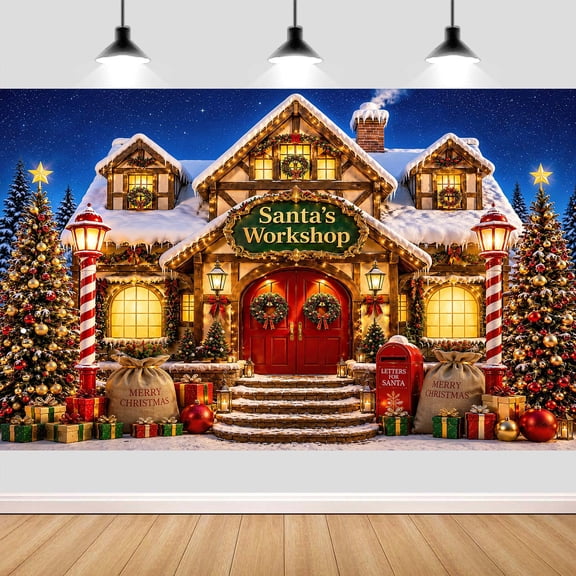 5X3ft Christmas Santa Workshop Snowy Candy Cane Backdrop for Photography Green Christmas Storefront Photographic Studio Photo Backgrounds Winter Snowy Cabin Scene Banner Xmas Party Decorations