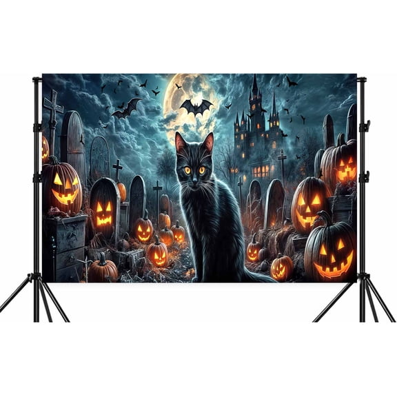 5X3ft Halloween Black Cat Photo Background Full Moon Scary Night Castle Bat Crow Pumpkins Party Spooky Scary Cemetery Child Kids Halloween Party Decorations Photoshoot Backdrops Banner