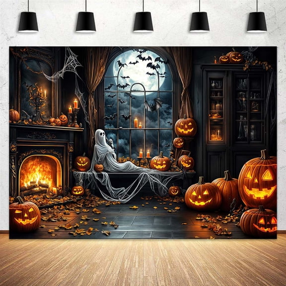 5X3ft Halloween Ghost Photo Background Full Moon Scary Night Castle Bat Crow Pumpkins Party Spooky Scary Cemetery Child Kids Halloween Party Decorations Photoshoot Backdrops Banner