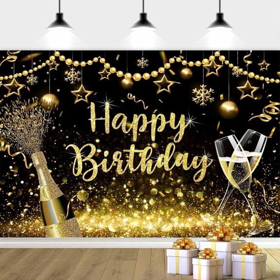 5X3ft Happy Birthday Background Black and Gold Birthday Background, Gold Glitter Birthday Backdrop Decorations Birthday Photo Background Adult Women Girls Birthday Cake Table Deco