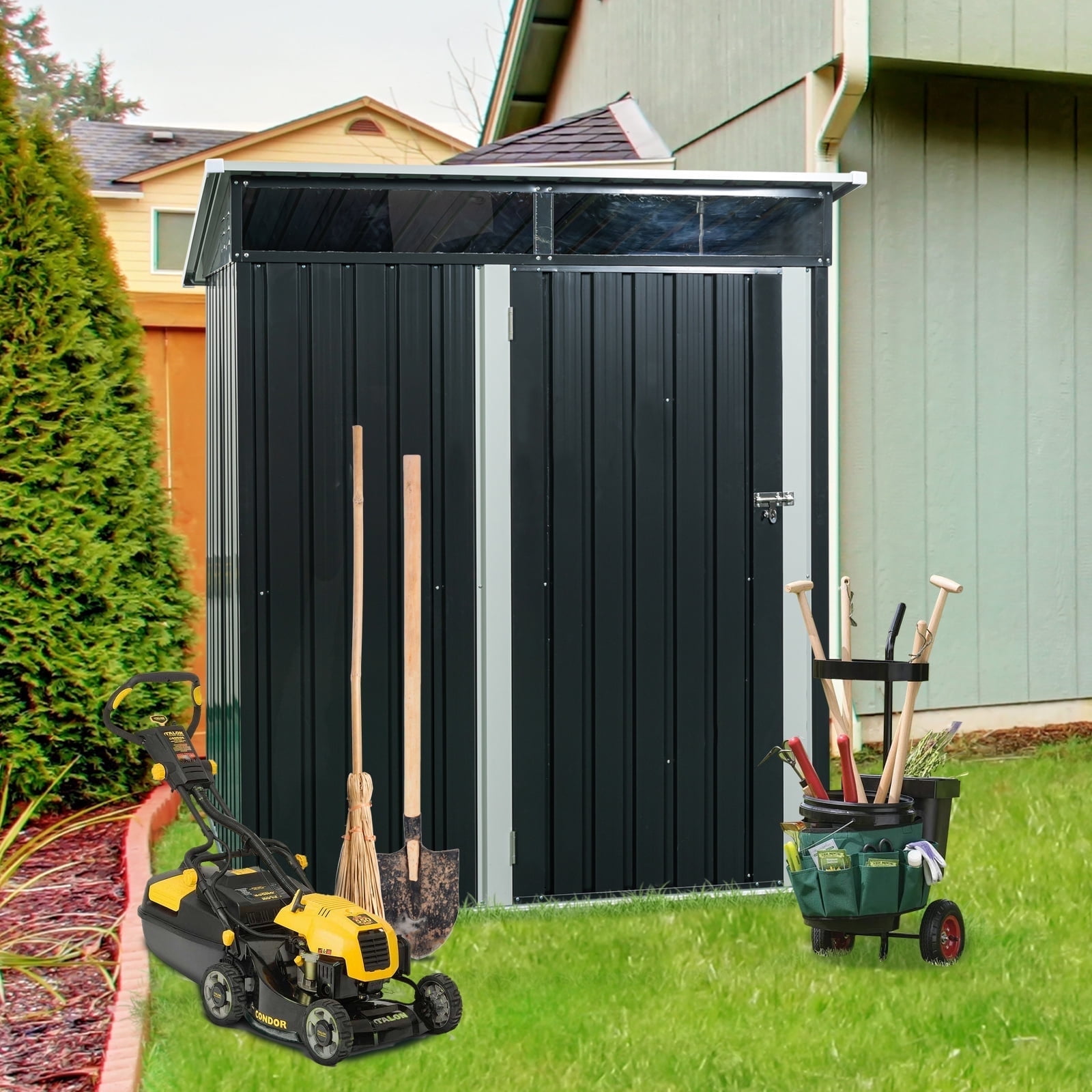 CarButler 5x3ft Metal Outdoor Storage Shed with Transparent plate and Lockable Door for Garden Backyard Patio Lawn Black