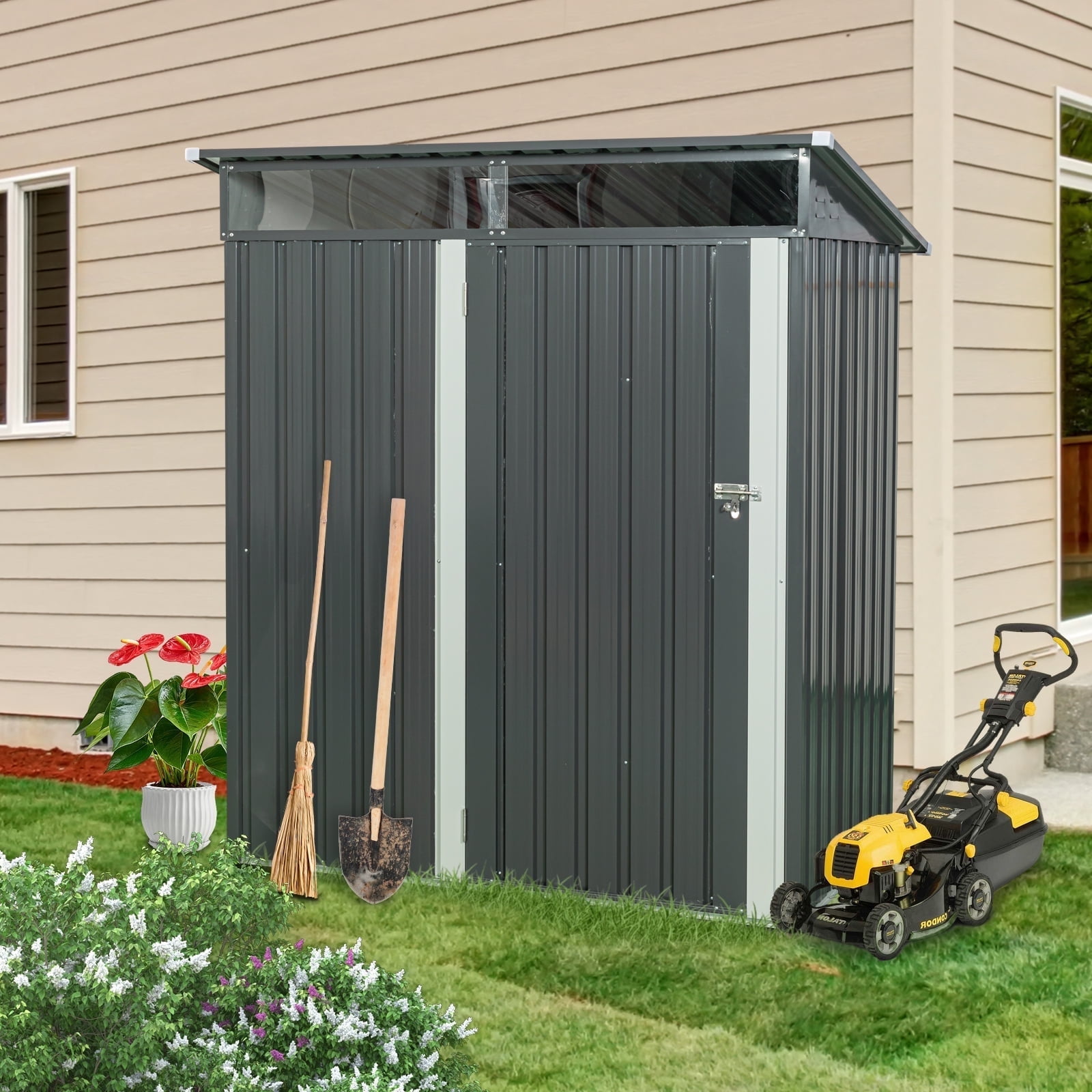 CarButler 5x3ft Metal Outdoor Storage Shed with Transparent plate and Lockable Door for Garden Backyard Patio Lawn Gray