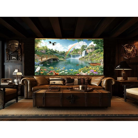 5X3ft Nature Backdrop for Outdoor Photoshoots - Garden, Waterfall, Floral & Birds Butterfly Fantasy Scenery Festival Hanging Cloth with Rainbow, River, Bridge Paradise Wall Mural Decor