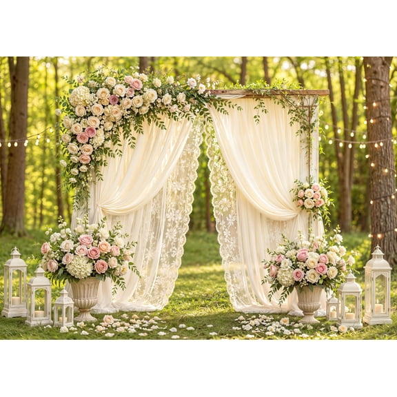 5X3ft Outdoor Wedding Backdrop Garden Floral Arch Photography Background Romantic Woodland Flowers Lace Curtain Banner for Bridal Shower Anniversary Tea Party Birthday Valentines Photo Props,Vinly