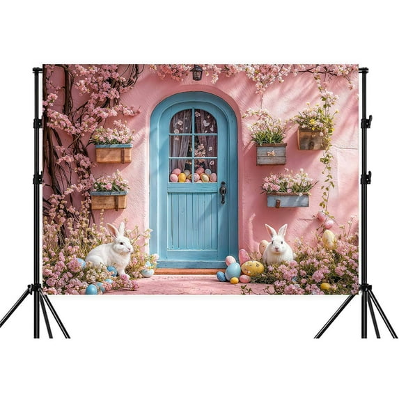 5X3ft Spring Easter Photography Backdrops Green Grass Lawn Pink Floral Colorful Eggs Blue Wooden Doors Garden Rabbits Easter Day Party Decorations Photo Background Photo Studio Props