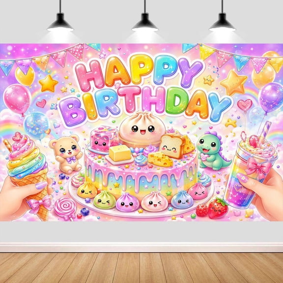 5X3ft Squishy Birthday Party Decorations Happy Birthday Backdrops, Kawaii Dumplings Cheese Birthday Themed Party Backgrounds, Dimsum Bun Wall Decor Banner, Kids Photographic Studio Photo Props, Vinyl