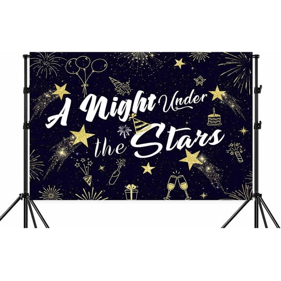 5X3ft Starry Night Sky Backdrop Banner Galaxy Night Sky Shining Twinkle Stars Dark Black and Gold Balloon Fireworks Theme Nighttime Star Prom Birthday Party Background Photoshoot Photo Booth