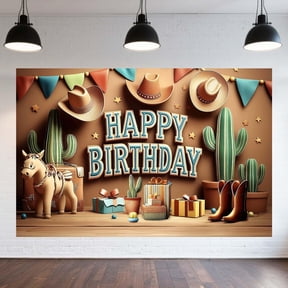 5X3ft Western Cowboy Happy Birthday Banner Backdrop Brown Wild West Rodeo Cowboy Birthday Rustic Boots Hat Cactus Horse Rope Photo Background Photo Booth Props