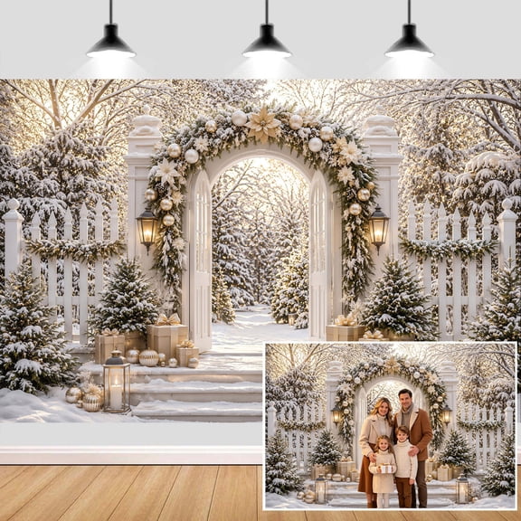 5X3ft White Golden Christmas Arch Forest Backdrops for Photography, Vinyl Snowy Winter Wonderland Scene, Xmas Pine Tree Banner, Photographic Studio Photo Backgrounds, Family Holiday Party Supplies