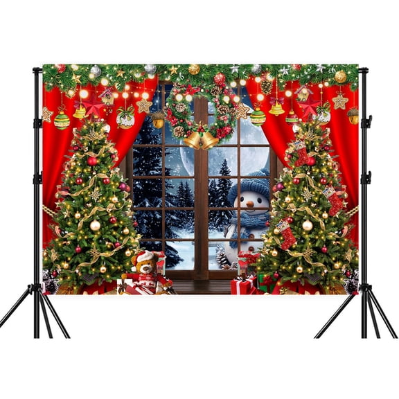 5X3ft Winter Christmas Backdrop,Merry Christmas Snowman Backdrop for Red Party Xmas Tree Gift Window Night Full Moon Merry Background for Family Holiday Party - Banner Photo Studio Props