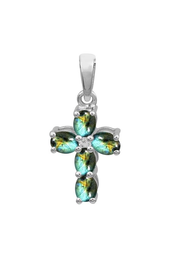 5X3mm Oval Labradorite 925 Sterling Silver Women Religious Christian Cross Pendant Jewelry