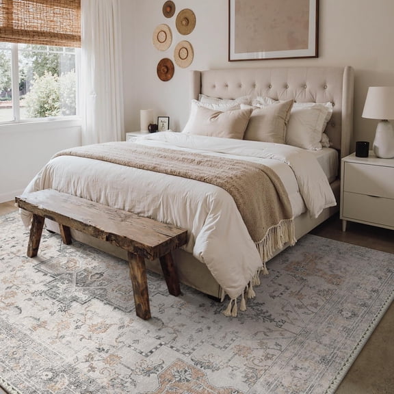 5X7 Area Rugs for Living Room, Machine Washable Non Slip Vintage Rugs, Low Pile Lightweight Chenille Print Rug for Bedroom, Dining Room, Home Office, Light Taupe Brown