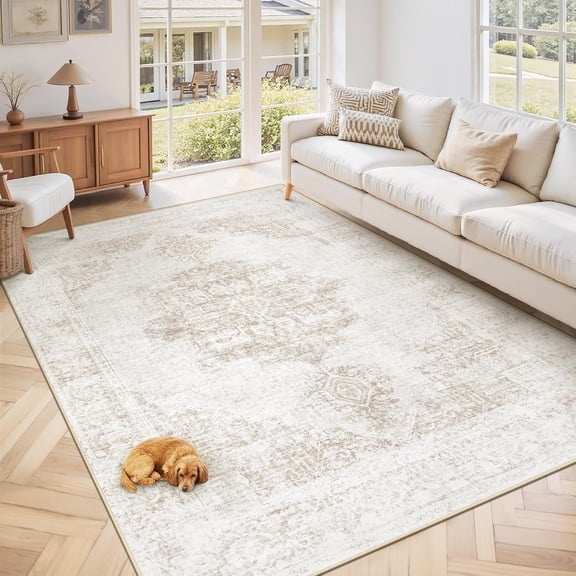 5X7 Area Rugs for Living Room, Washable Rugs Beige Medallion Non-Slip Soft Low Pile Rug Large Indoor Retro Carpet for Bedroom Dining Room Office Room(Beige,5'x7')