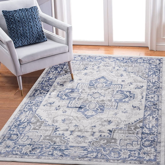 5X7 Blue and Grey - Non - shedding Loop Pile - Entryway, Eat - in Kitchen - Soft Underfoot