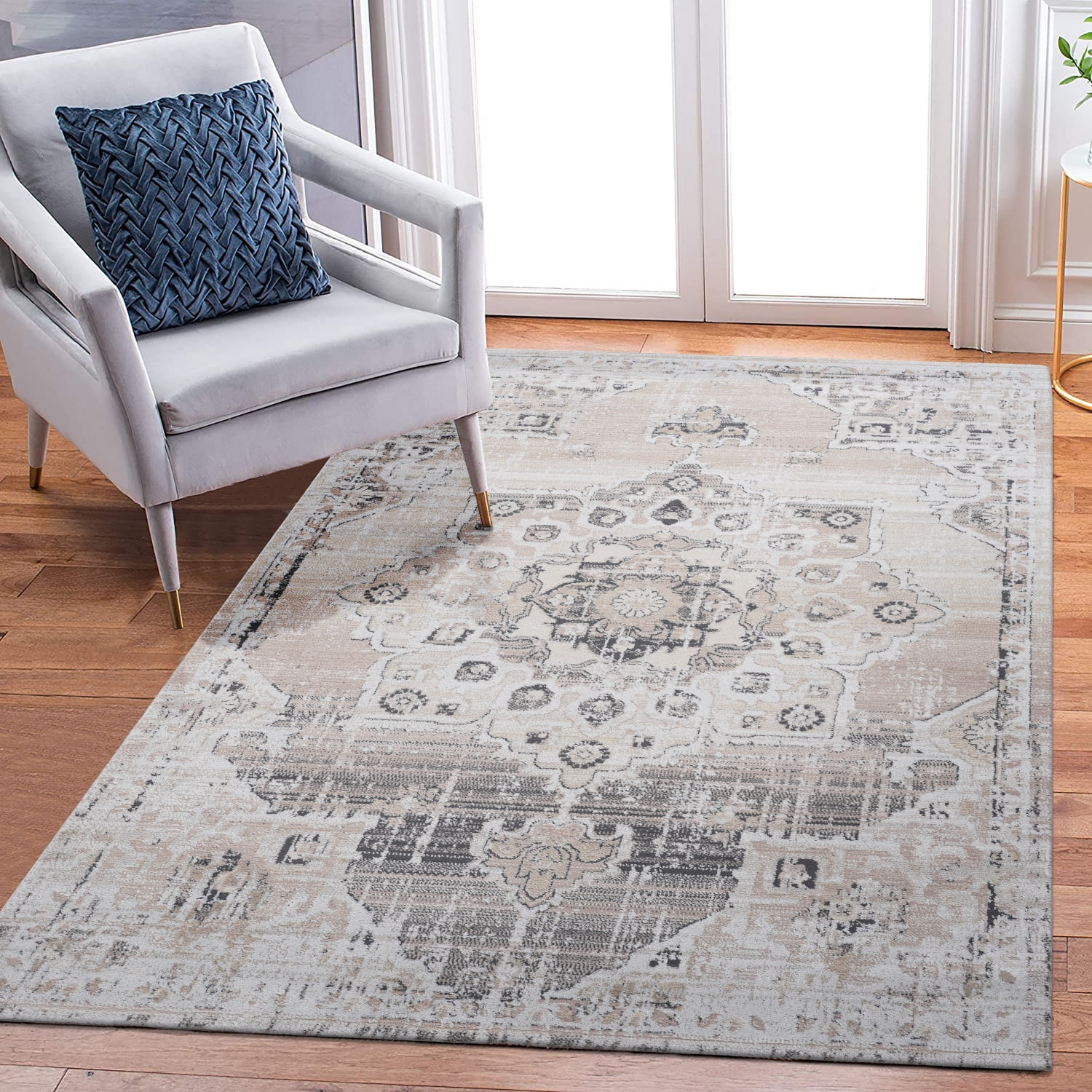 5X7 Cream Beige Medallion Area Rug Non Shedding Stain Resistant Kid Pet Friendly Medium Pile Cotton Backing Latex Free Living Room Bedroom Dining Home Office Rug
