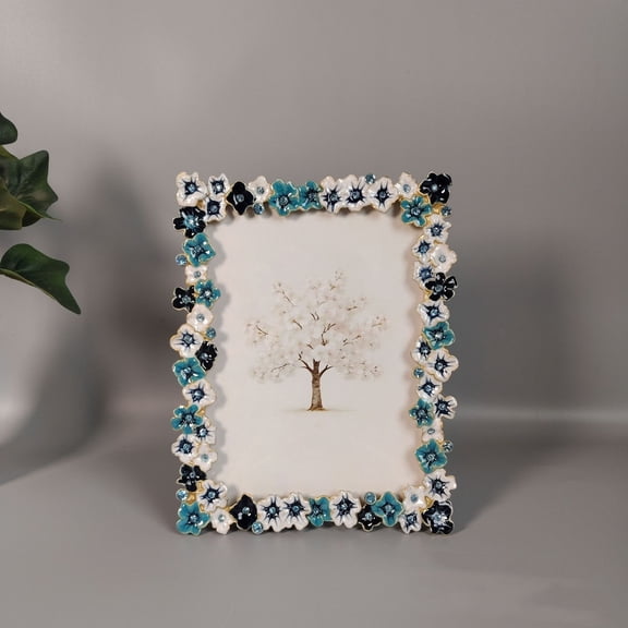 5X7 Floral Metal Picture Frame Decor Ornate Antique Enamel Photo Frames with Glass Front, Art Decor Tabletop Display, Gifts Ideas , Horizontally & Vertically,blue,Home Decor