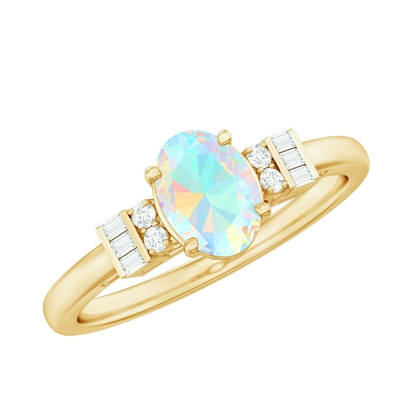 Rosec Jewels Ethiopian Opal Engagement Ring for Women - Natural Opal Diamond Ring - 5X7 mm Oval - AAA Quality, 18K Yellow Gold, US 10.50
