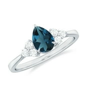 ROSEC JEWELS 5X7 MM Pear Cut London Blue Topaz Engagement Ring with Diamond Trio, 925 Sterling Silver, US 4.00