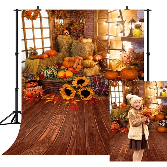 5X7Ft Fall Thanksgiving Halloween Photo Backdrop Pumpkin Vinyl Background Wooden