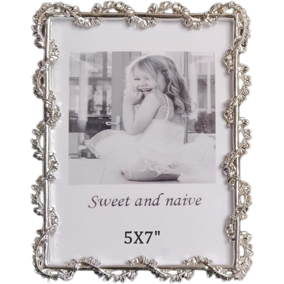 5X7in Modern Minimalist Picture Frames, Luxury Unique Ornate Silver Vine Photo Frame of HD Glass for Tabletop/Wall Display ,Perfect Gift Choice