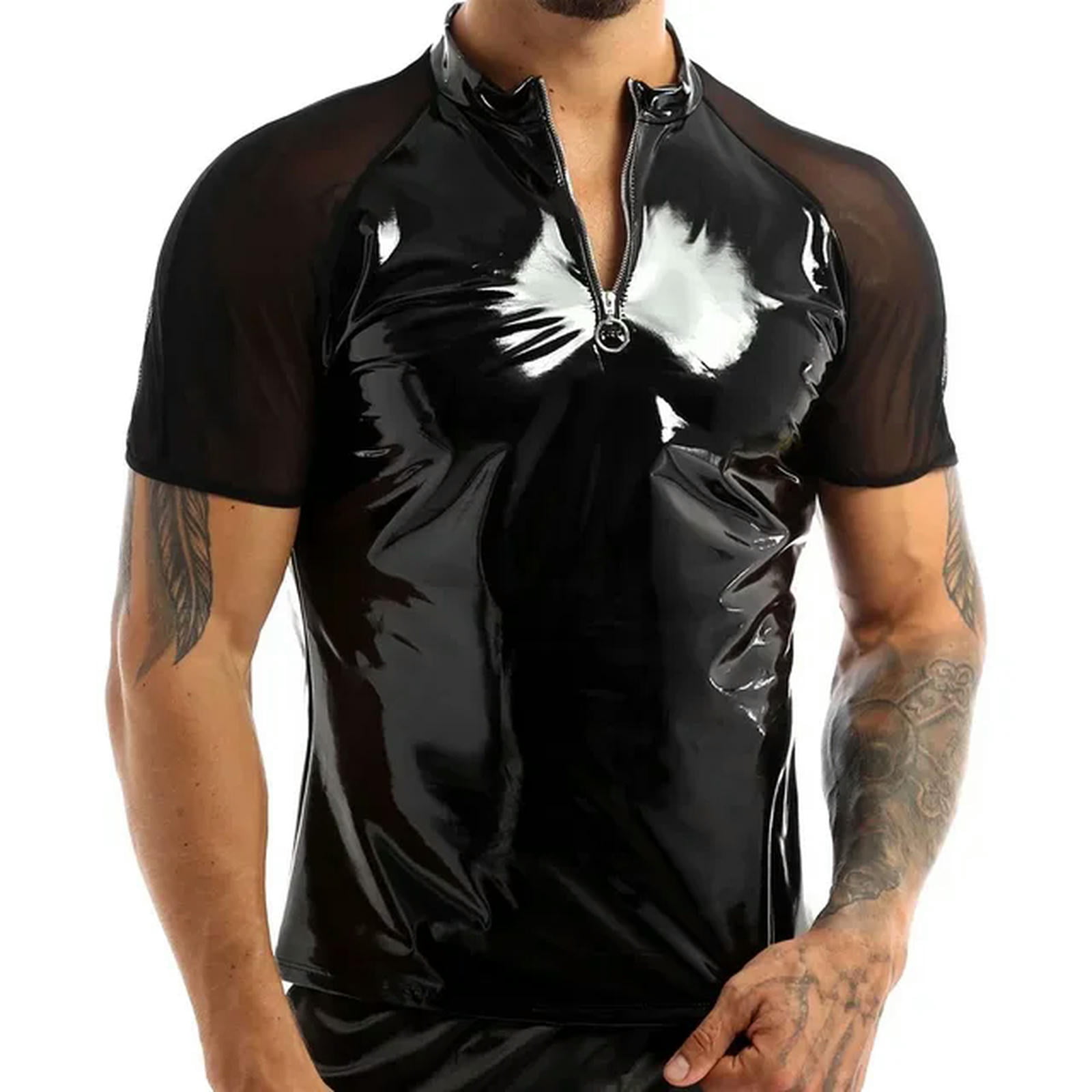 5XL Men Clubwear T-shirts Mesh Shorts Sleeve PU Leather Patchwork PVC ...