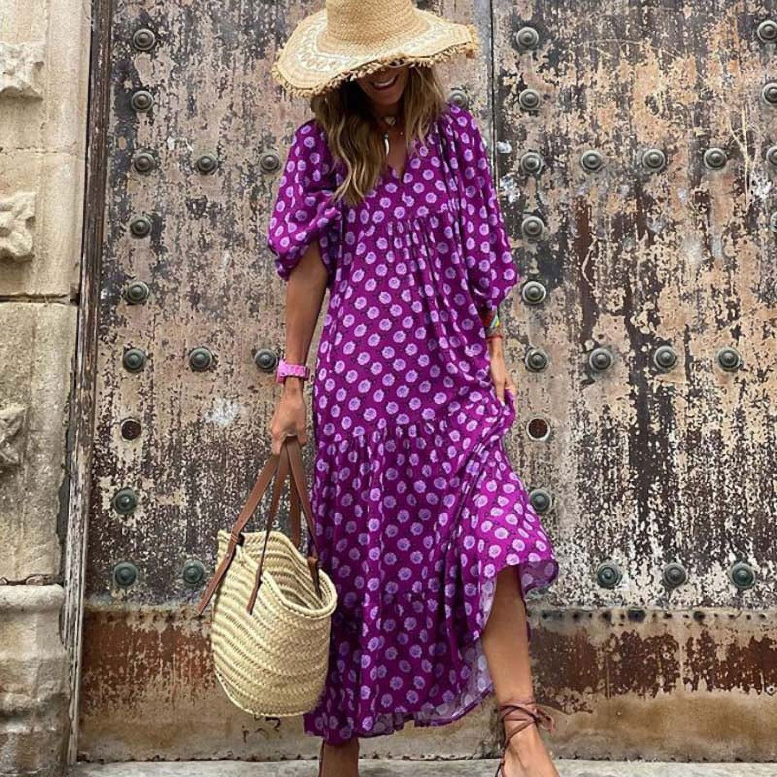 5XL Puff Sleeve Boho Maxi Dress Summer Elegant Women Loose Casual Style ...