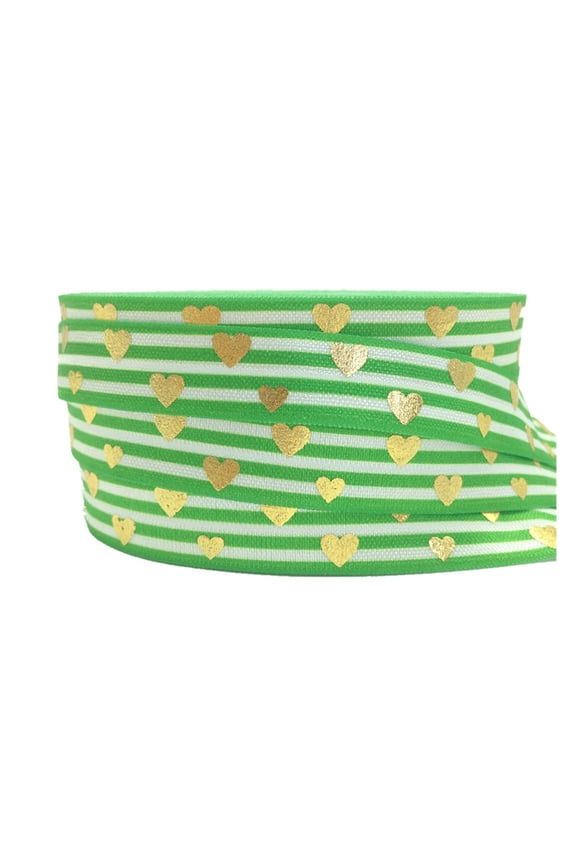5Yards 16mm Green Stripe Heart Gold Foil Fold Over Elastic Hair Ties Elastic Ribbon Hairbands