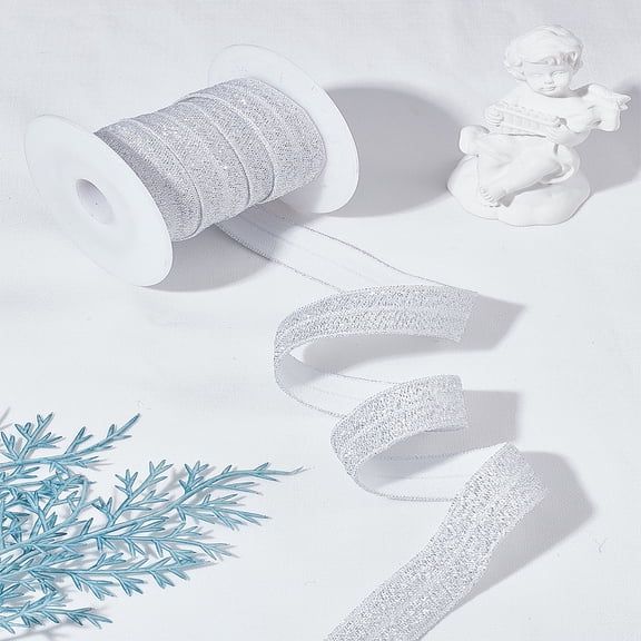 5Yards Gold and Silver Sparkle Elastic Side Nylon Ribbon Webbing Garment Sewing Accessories with 1Pc Plastic Spools White 5/8 inch(15mm)