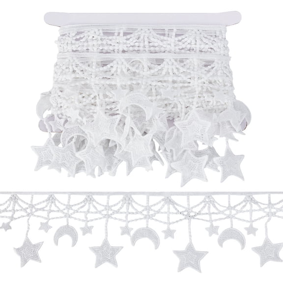 5Yards Polyester Lace Trims Star Moon with 1Pc Cardboard Display Card White 4 inch(100mm)